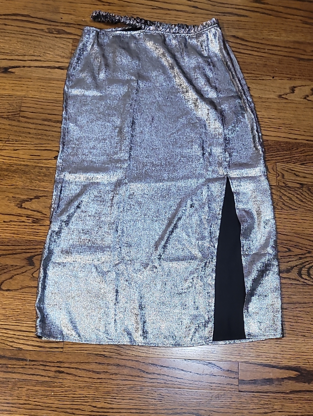Silver Metallic Midi Skirt with Side Slit
